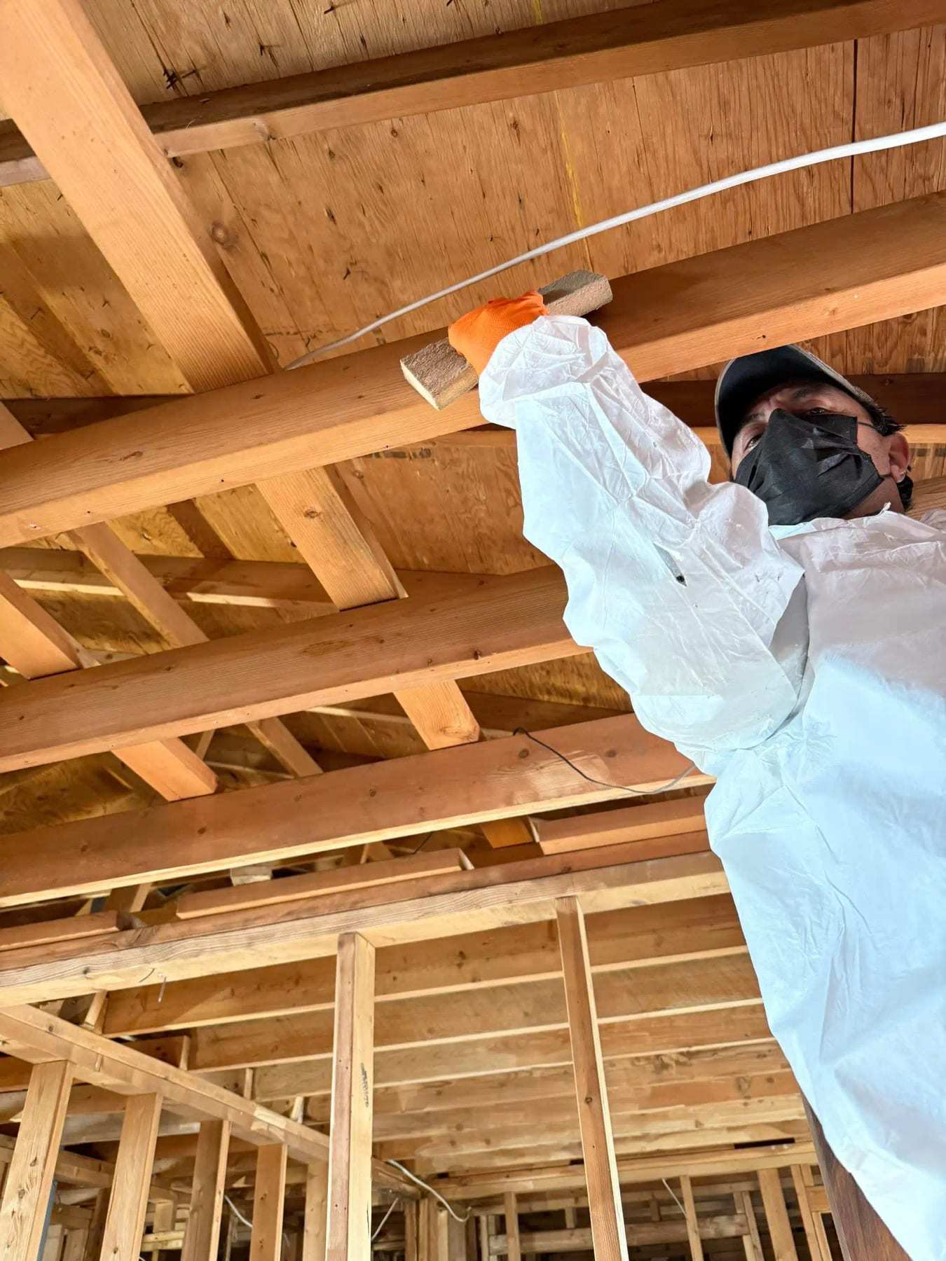 Technician spraying the ceiling framing of a room stripped to the studs