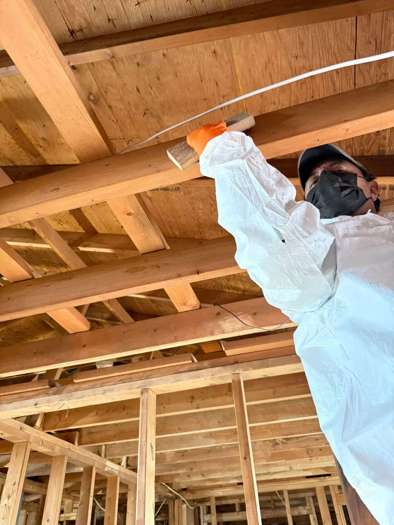 Technician spraying the ceiling framing of a room stripped to the studs
